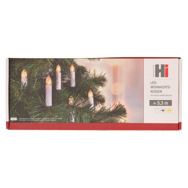 HI kerstverlichting - 20 LED kaarsen op clip - 530 cm - warm wit - Kerstverlichting kerstboom