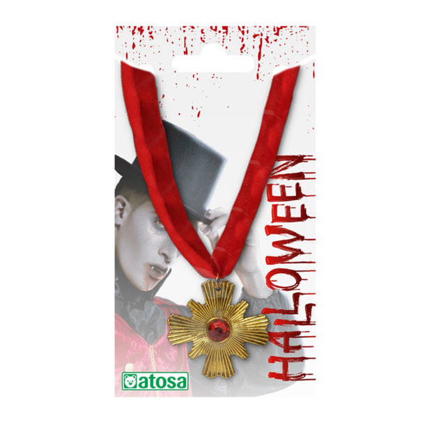 Atosa Verkleed sieraden ketting met kruis - rood/goud - dames - kunststof - Heks/Vampier - Verkleedketting
