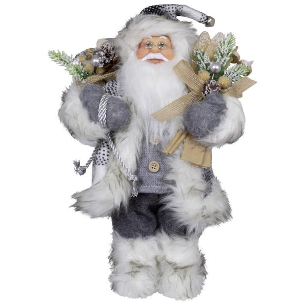 Kerstman beeld - H30 cm - grijs - staand - kerstpop - Kerstman pop