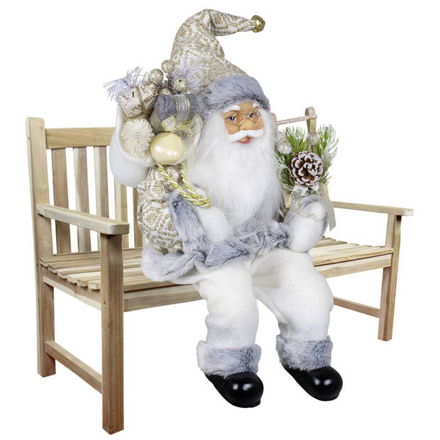 Kerstman beeld - H45 cm - wit - zittend - kerstpop - Kerstman pop