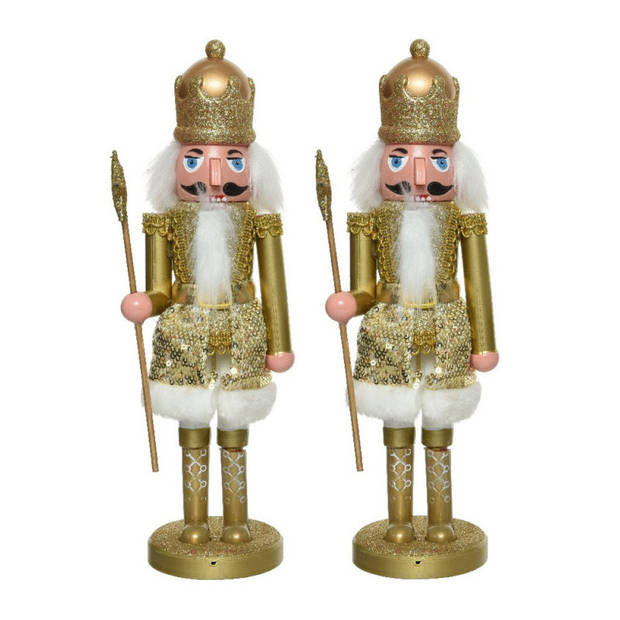2x stuks kerstbeeldjes kunststof notenkraker poppetjes/soldaat goud 28 cm kerstbeeldjes - Kerstbeeldjes
