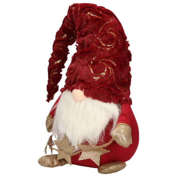 Decoratie pop - gnome/kabouter - 39 cm - rood met goud - Kerstman pop