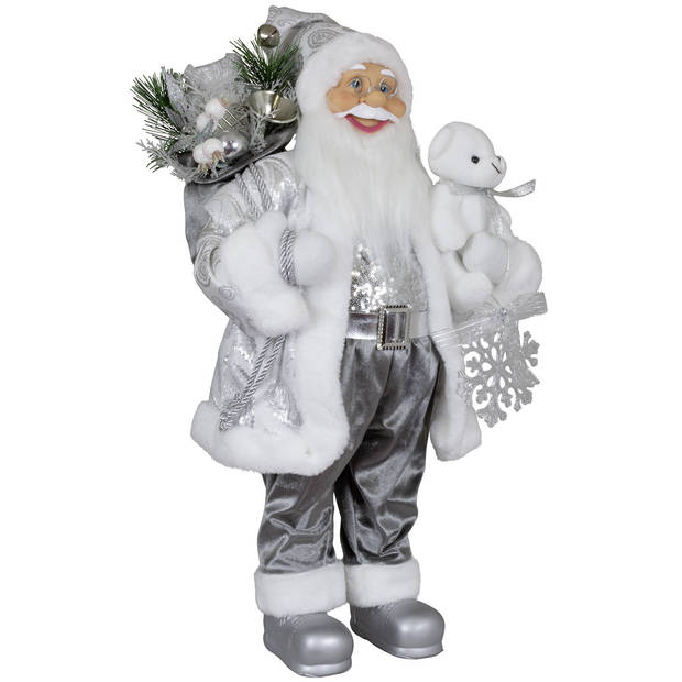 Kerstman beeld - H60 cm - zilver - staand - kerstpop - Kerstman pop