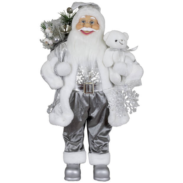 Kerstman beeld - H60 cm - zilver - staand - kerstpop - Kerstman pop