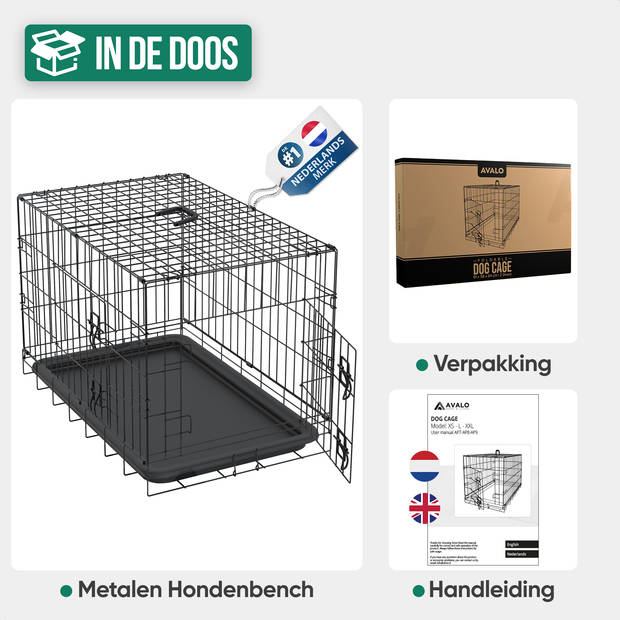 Avalo Hondenbench L - Bench Voor Honden - Opvouwbare Kooi - 2 Deuren - 92x57x64 CM