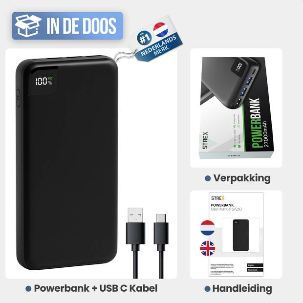 Strex Powerbank - 27.000 mAh - 22.5W Snellader - USB-A/USB-C - LED Indicatie - Universele Powerbank voor o.a.