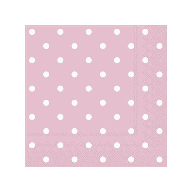 40x Polka Dot 3-laags servetten licht roze met witte stippen 33 x 33 cm - Feestservetten
