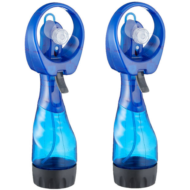 Cepewa Ventilator/Waterverstuiver voor in je hand - 2x - Verkoeling in zomer - 25 cm - Blauw - Handventilatoren