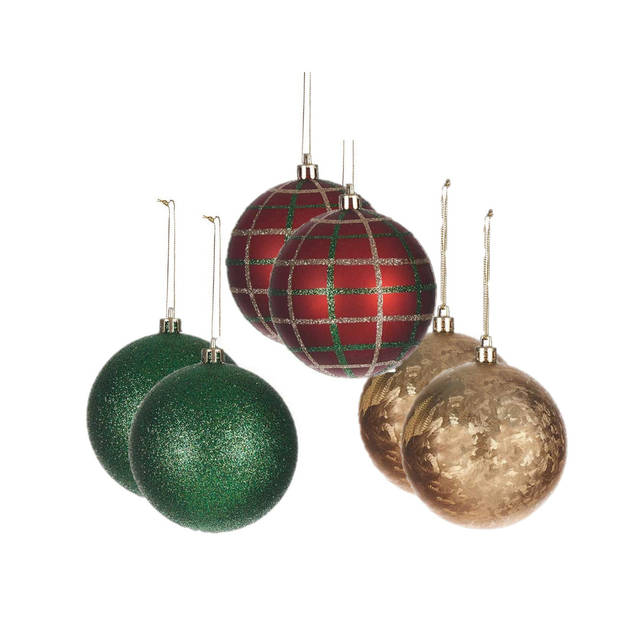 Krist+ kerstballen - 12x st - rood/groen/goud - kunststof - gedecoreerd - Kerstbal