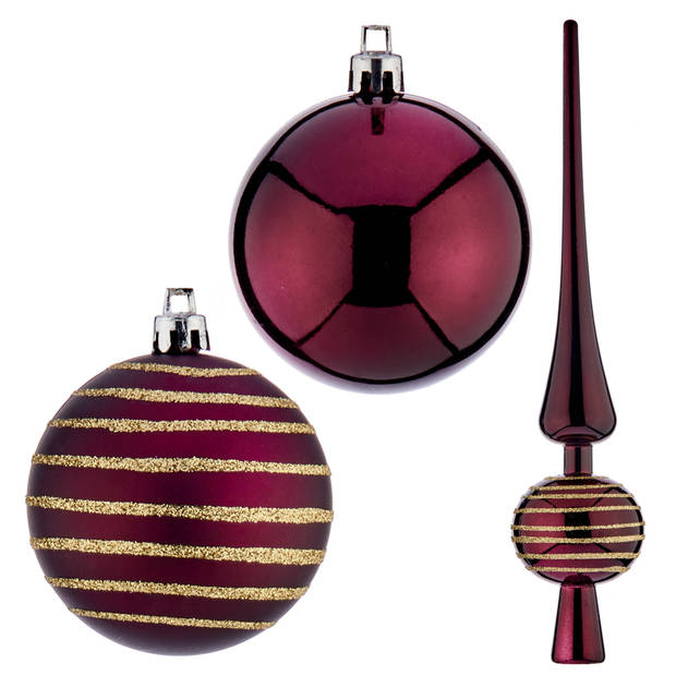 Krist+ kerstballen set - incl. piek - wijn rood - kunststof -19-delig - Kerstbal