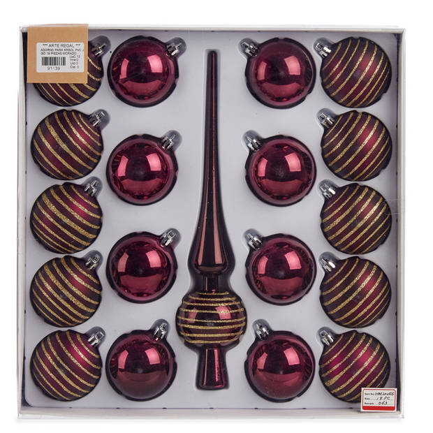 Krist+ kerstballen set - incl. piek - wijn rood - kunststof -19-delig - Kerstbal