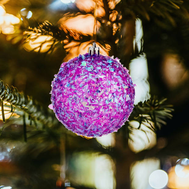Krist+ kerstballen - 6x stuks - paars - kunststof - glitter - Kerstbal