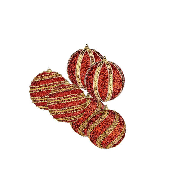 Krist+ kerstballen - 6x - rood/goud - kunststof - gedecoreerd -8 cm - Kerstbal