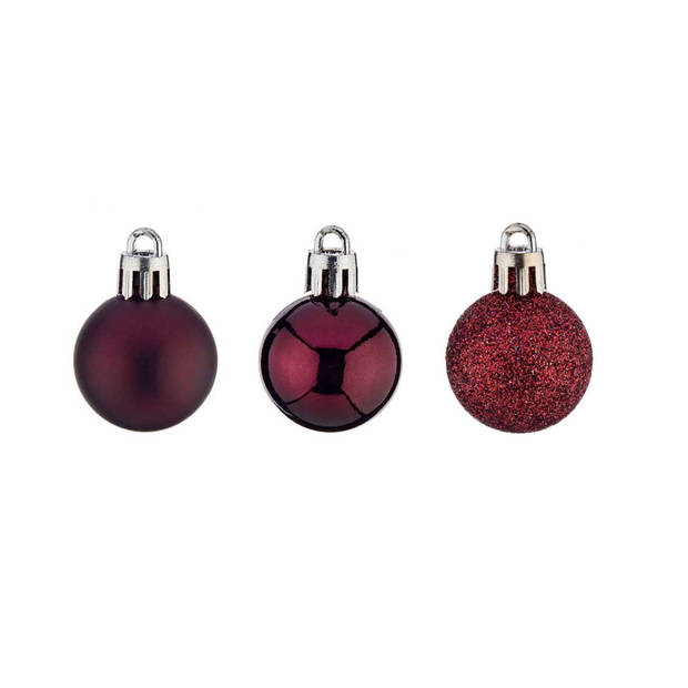 Krist+ mini kerstballen - 12x stuks - wijn/bordeaux rood - kunststof -3 cm - Kerstbal