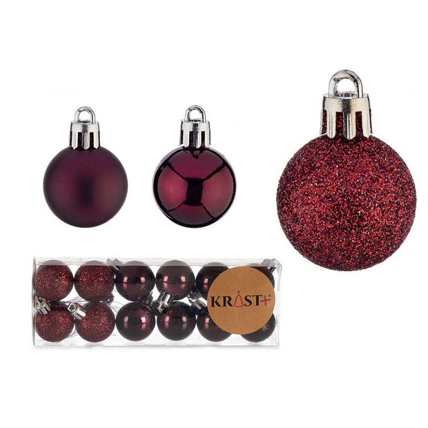 Krist+ mini kerstballen - 24x stuks - wijn/bordeaux rood - kunststof -3 cm - Kerstbal