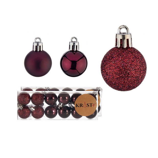 Krist+ mini kerstballen - 24x stuks - wijn/bordeaux rood - kunststof -3 cm - Kerstbal