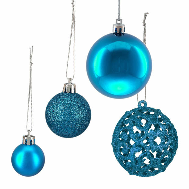 Relaxdays kerstballen - 50x st - kobalt blauw - 3, 4 en 6 cm - kunststof - Kerstbal