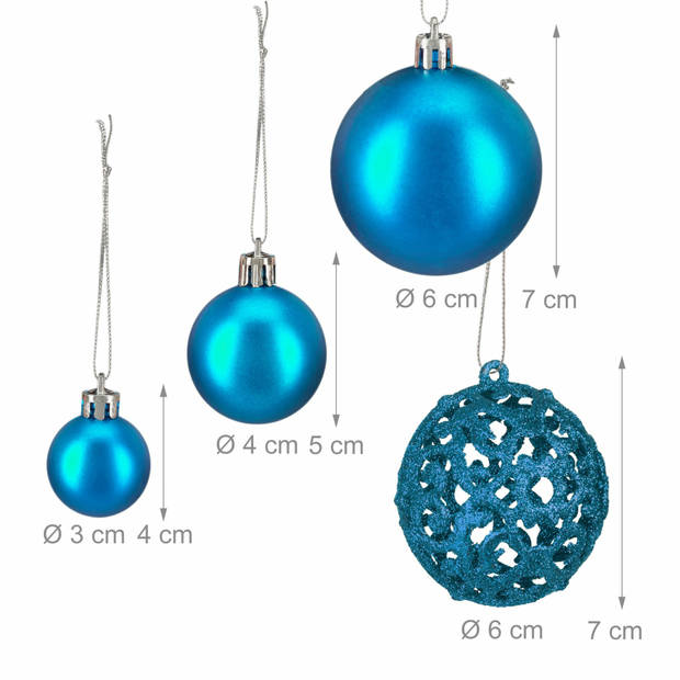 Relaxdays kerstballen - 50x st - kobalt blauw - 3, 4 en 6 cm - kunststof - Kerstbal