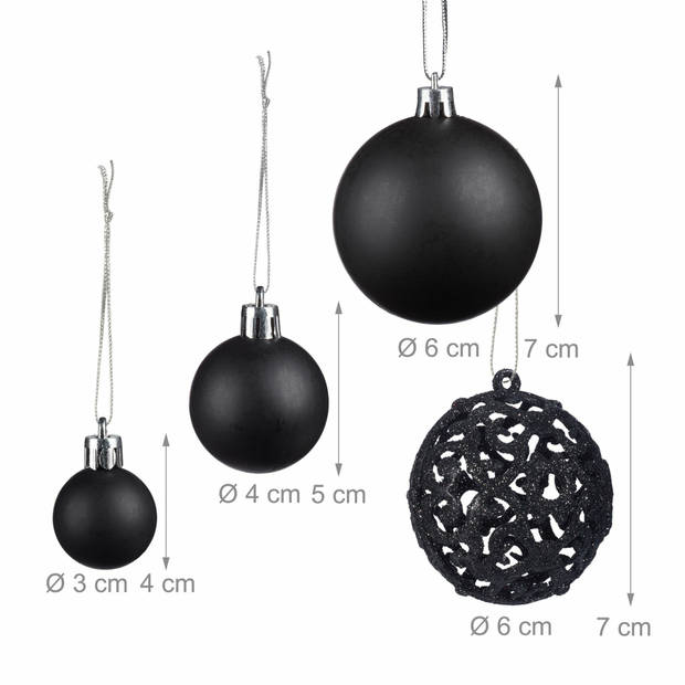 Relaxdays kerstballen - 50x st - zwart - 3, 4 en 6 cm - kunststof - Kerstbal
