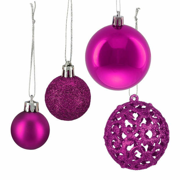 Relaxdays kerstballen - 50x st - fuchsia roze - 3, 4 en 6 cm - kunststof - Kerstbal