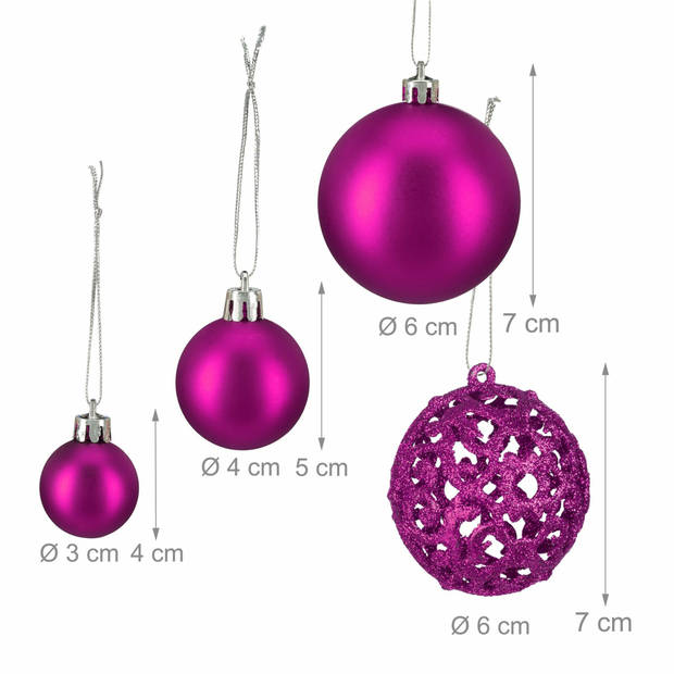 Relaxdays kerstballen - 50x st - fuchsia roze - 3, 4 en 6 cm - kunststof - Kerstbal