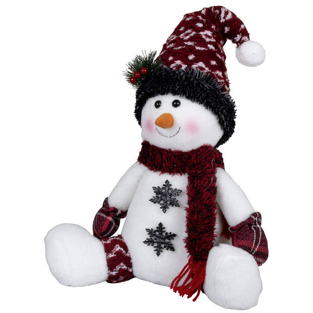Pluche sneeuwpop knuffel - zittend - 36 cm - rode muts - Kerstman pop