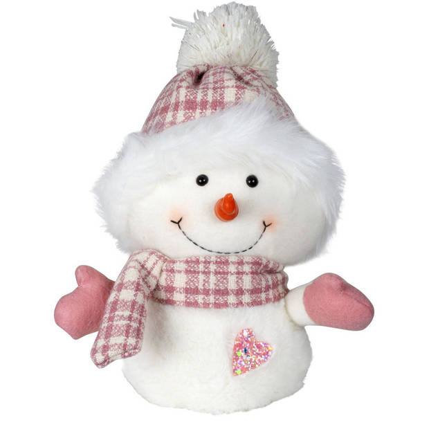 Pluche decoratie sneeuwpop - 27 cm - roze - pop - met sjaal en muts - Kerstman pop