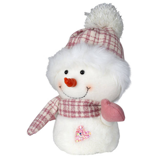 Pluche decoratie sneeuwpop - 27 cm - roze - pop - met sjaal en muts - Kerstman pop