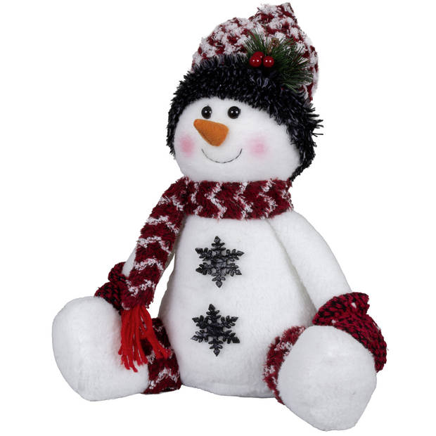 Pluche decoratie sneeuwpop - 36 cm - met witte muts - zittend - Kerstman pop