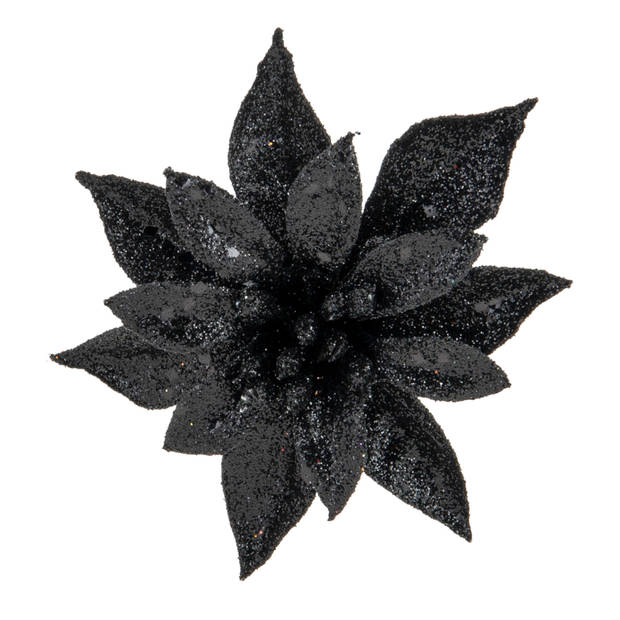 Cosy and Trendy kerst bloemen op clip - 2x- zwart -8 cm - glitters - Kersthangers