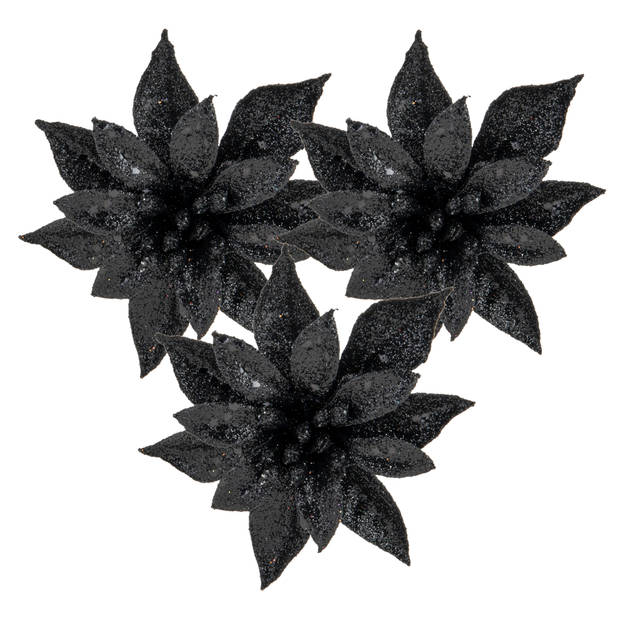 Cosy and Trendy kerst bloemen op clip - 3x- zwart -8 cm - glitters - Kersthangers
