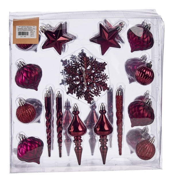 Krist+ ornamenten set - 32x - wijn/bordeaux rood - kunststof - Kersthangers