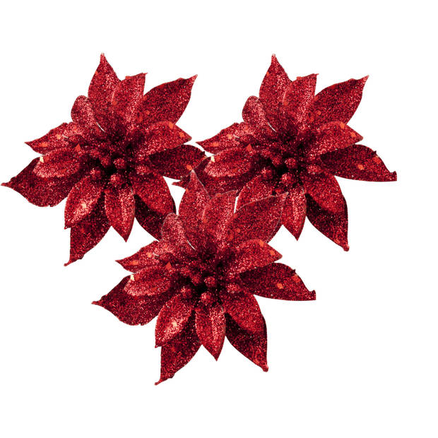 Cosy and Trendy kerst bloem op clip - 3x- rood -8 cm - glitters - Kersthangers