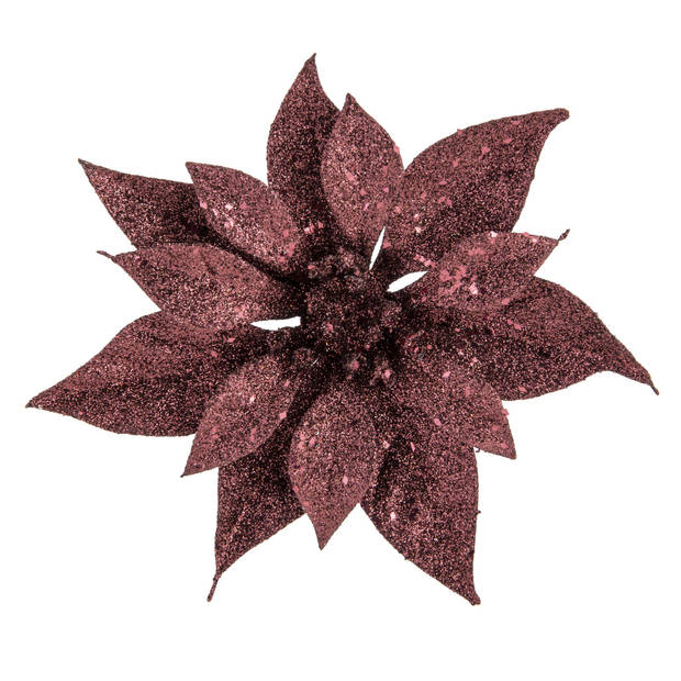 10x stuks decoratie bloemen kerstster donkerrood glitter op clip 18 cm - Kersthangers