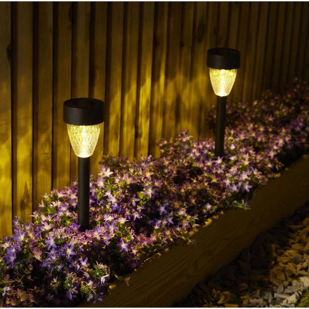 Solar tuinlamp - 2x - zwart - LED Softtone effect - oplaadbaar - D7 x H37 cm - Fakkels
