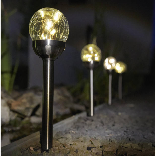 Solar tuinlamp - 4x - RVS - LED Softtone effect - oplaadbaar - D7,9 x H38,5 cm - Fakkels
