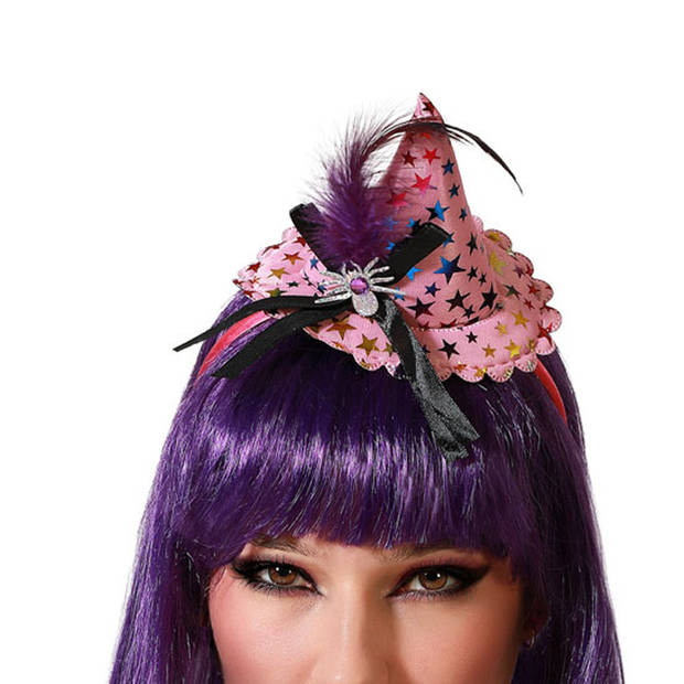 Halloween heksenhoed - mini hoedje op diadeem - one size - roze sterren - meisjes/dames - Verkleedhoofddeksels