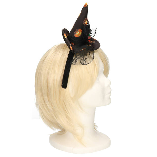 Halloween heksenhoed - mini hoedje op diadeem - one size - zwart/oranje - meisjes/dames - Verkleedhoofddeksels