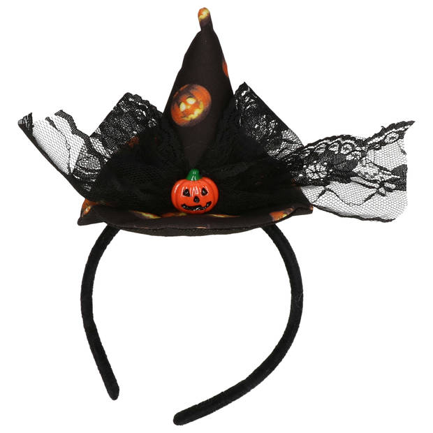 Halloween heksenhoed - mini hoedje op diadeem - one size - zwart/oranje - meisjes/dames - Verkleedhoofddeksels