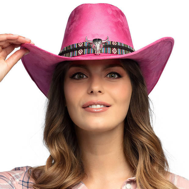 Boland party Carnaval verkleed cowboy hoed Rodeo - roze - volwassenen - polyester - Verkleedhoofddeksels