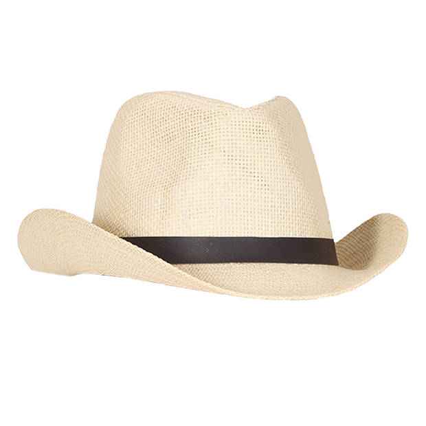 Guirca Cowboyhoed van stro voor heren - verkleed accessoires - beige - met band - Verkleedhoofddeksels