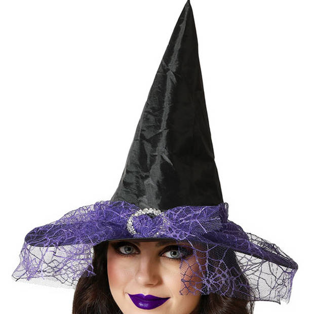 Halloween heksenhoed - met sluier - one size - zwart/paars - meisjes/dames - Verkleedhoofddeksels