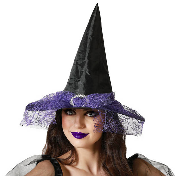 Halloween heksenhoed - met sluier - one size - zwart/paars - meisjes/dames - Verkleedhoofddeksels