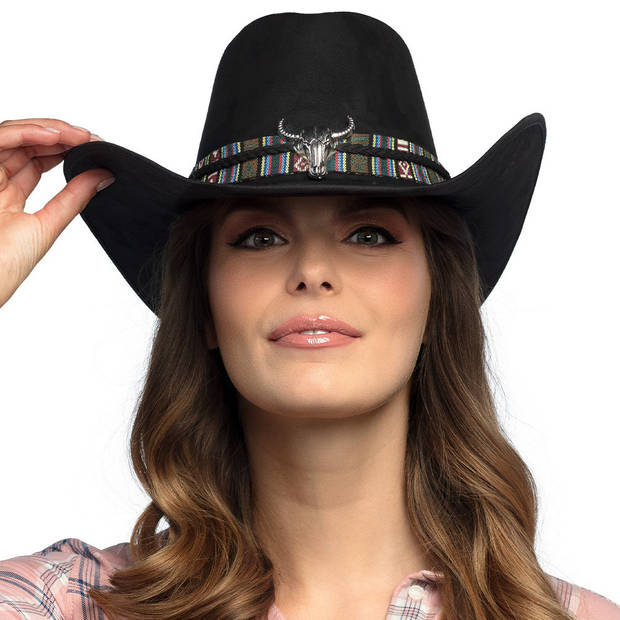 Boland party Carnaval verkleed cowboy hoed Rodeo - zwart - volwassenen - polyester - Verkleedhoofddeksels