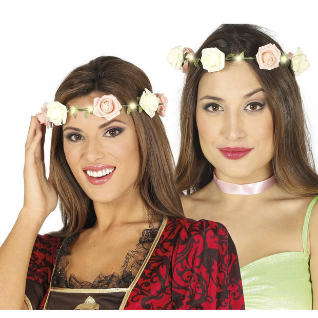 Fiestas Verkleed haarband met bloemen en lampjes - roze - meisjes/dames - Flower Power - Verkleedhaardecoratie