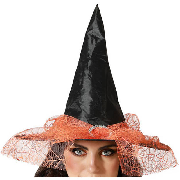 Halloween heksenhoed - met sluier&nbsp; - one size - zwart/oranje - meisjes/dames - Verkleedhoofddeksels