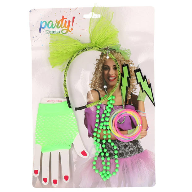 Atosa Foute 80s/90s party verkleed accessoire set - neon groen - 7-delig - jaren 80/90 - Verkleedsieraden