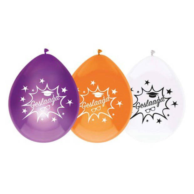 Haza Ballonnen geslaagd thema - 24x - oranje/wit/paars - latex - 27 cm - examenfeest versiering - Ballonnen