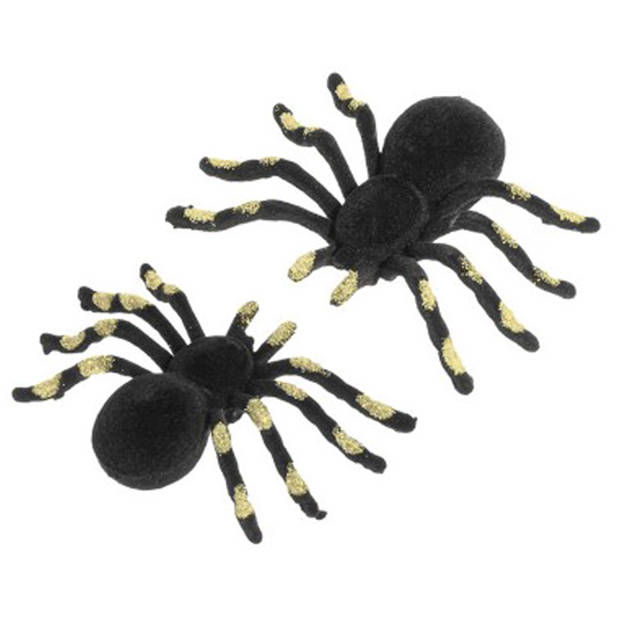 Chaks nep spinnen 10 cm - zwart/goud - 4x stuksA - velvet/fluweelA -A Horror/griezel thema decoratie - Feestdecoratievoo