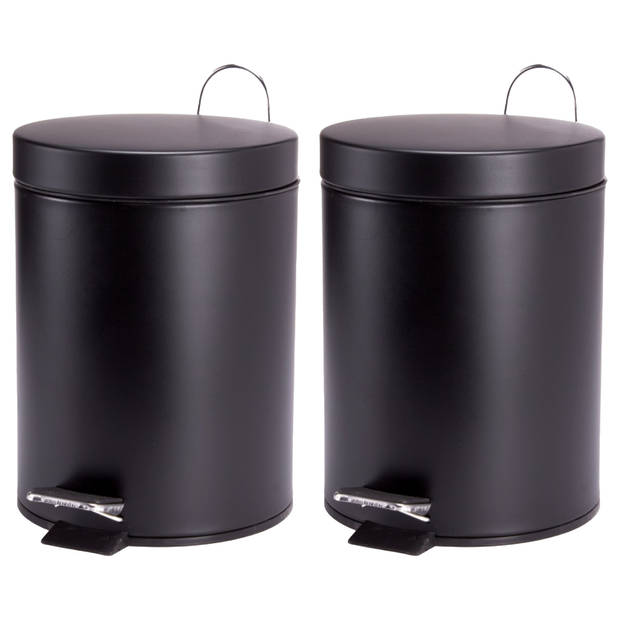 MSV Prullenbak/pedaalemmer - 2x - metaal - zwart - 3 liter - 17 x 25 cm - Badkamer/toilet - Pedaalemmers